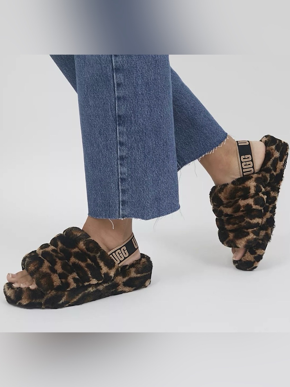UGG Leopard Faux-Fur Fluff Slide with Branded Strap - Brown/Black